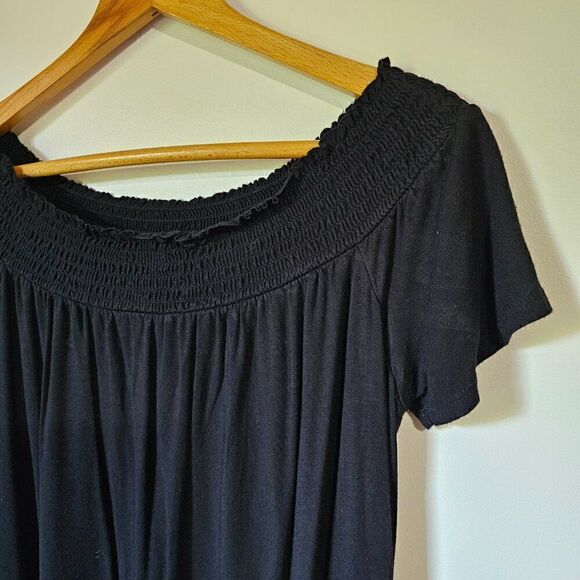 EUC SO BLACK PERFECTLY SOFT OFF SHOULDER ELASTIC SWING STYLE SHORT DRESS SIZE L - Picture 4 of 15